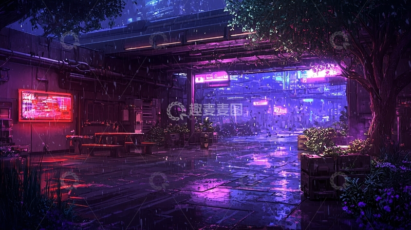 高清大图下载【趣麦麦图】霓虹雨夜科幻场景
