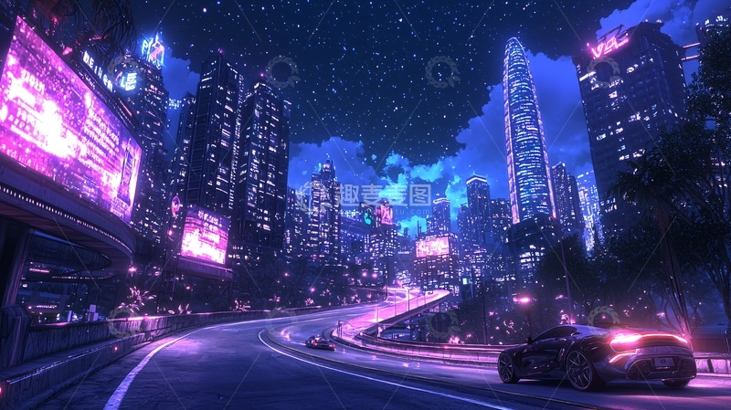 高清大图下载【趣麦麦图】未来都市夜景霓虹灯汽车
