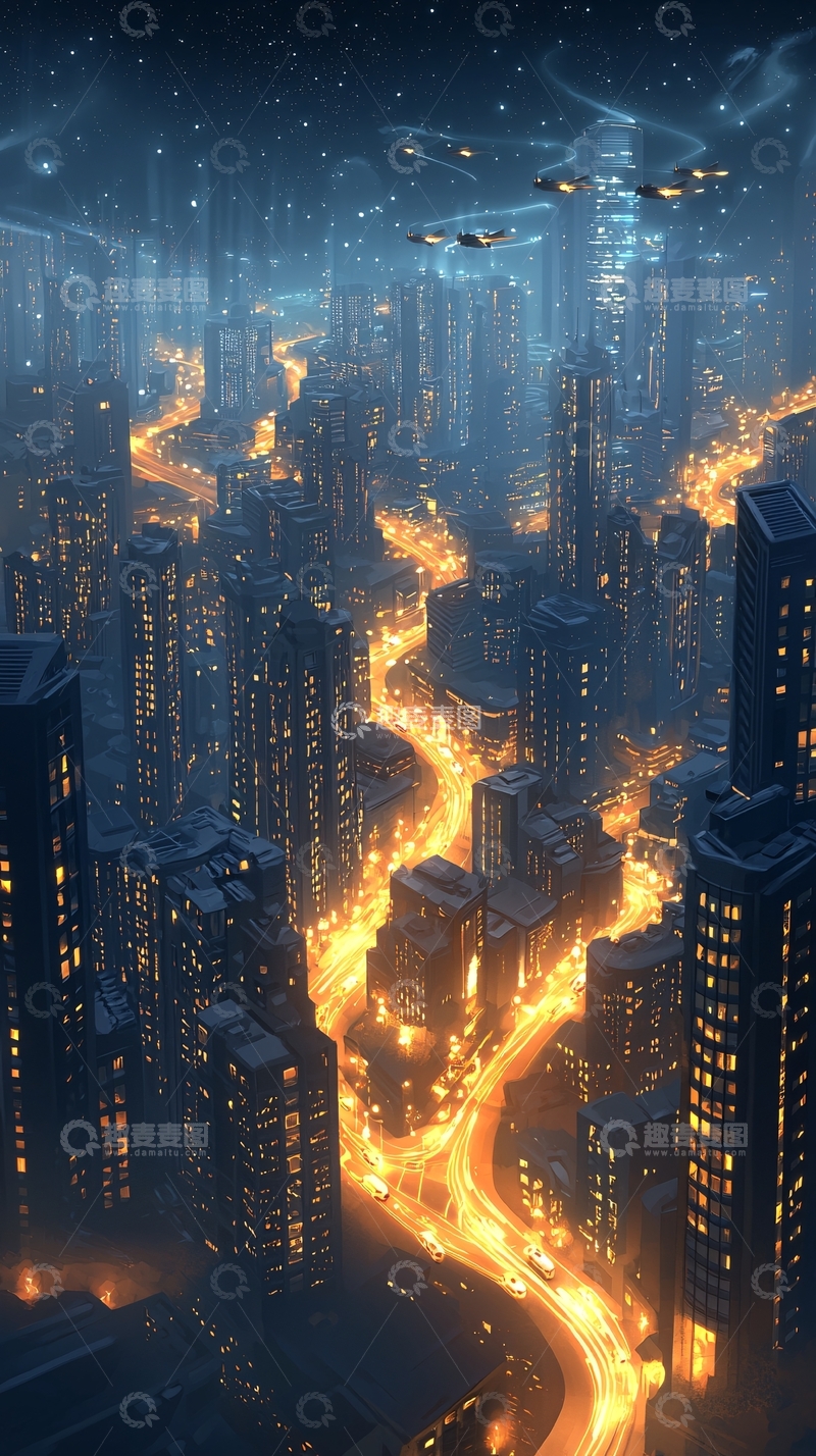 高清大图下载【趣麦麦图】未来都市夜景飞行器