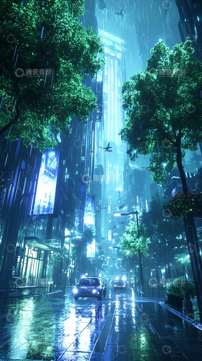 高清大图下载【趣麦麦图】雨夜霓虹城市街景