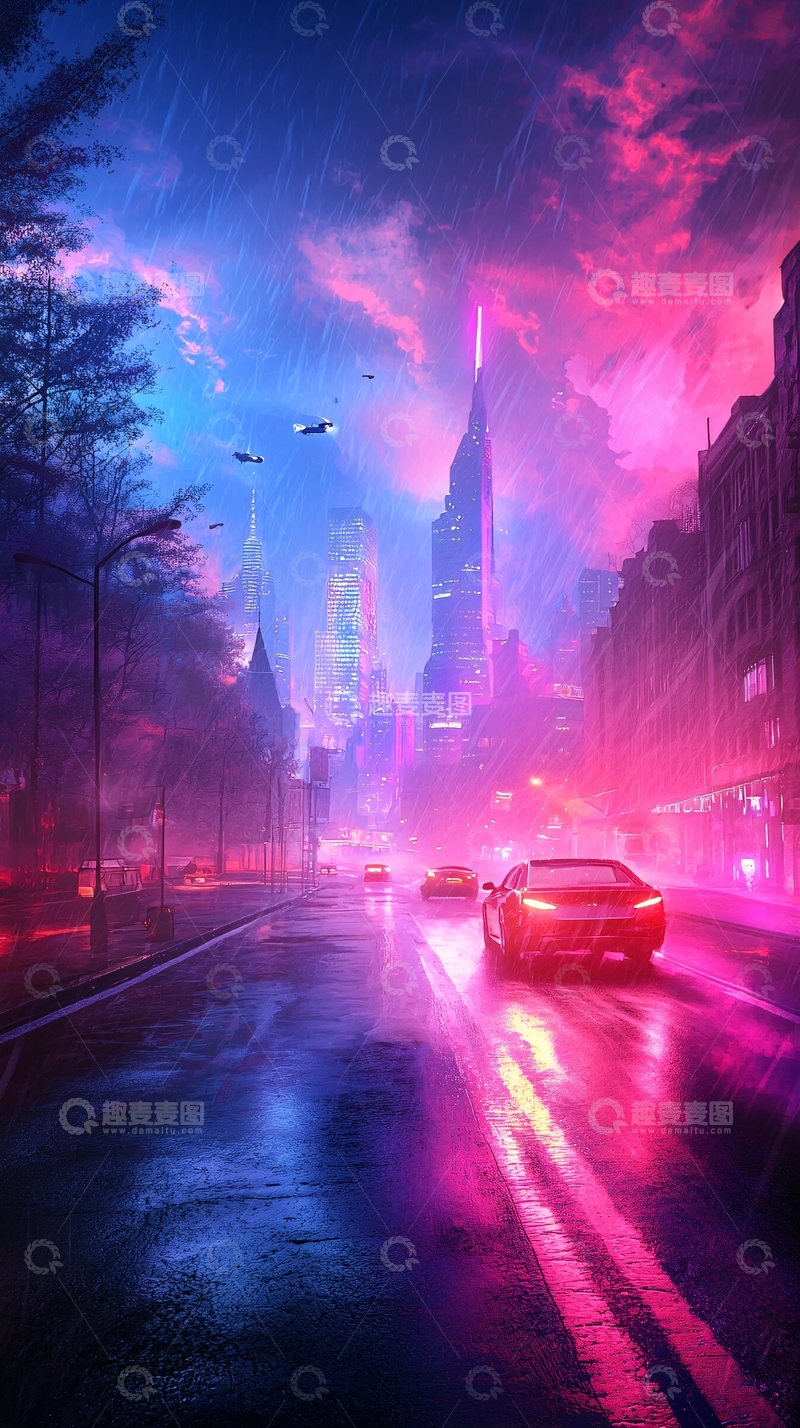 高清大图下载【趣麦麦图】霓虹雨夜城市街景