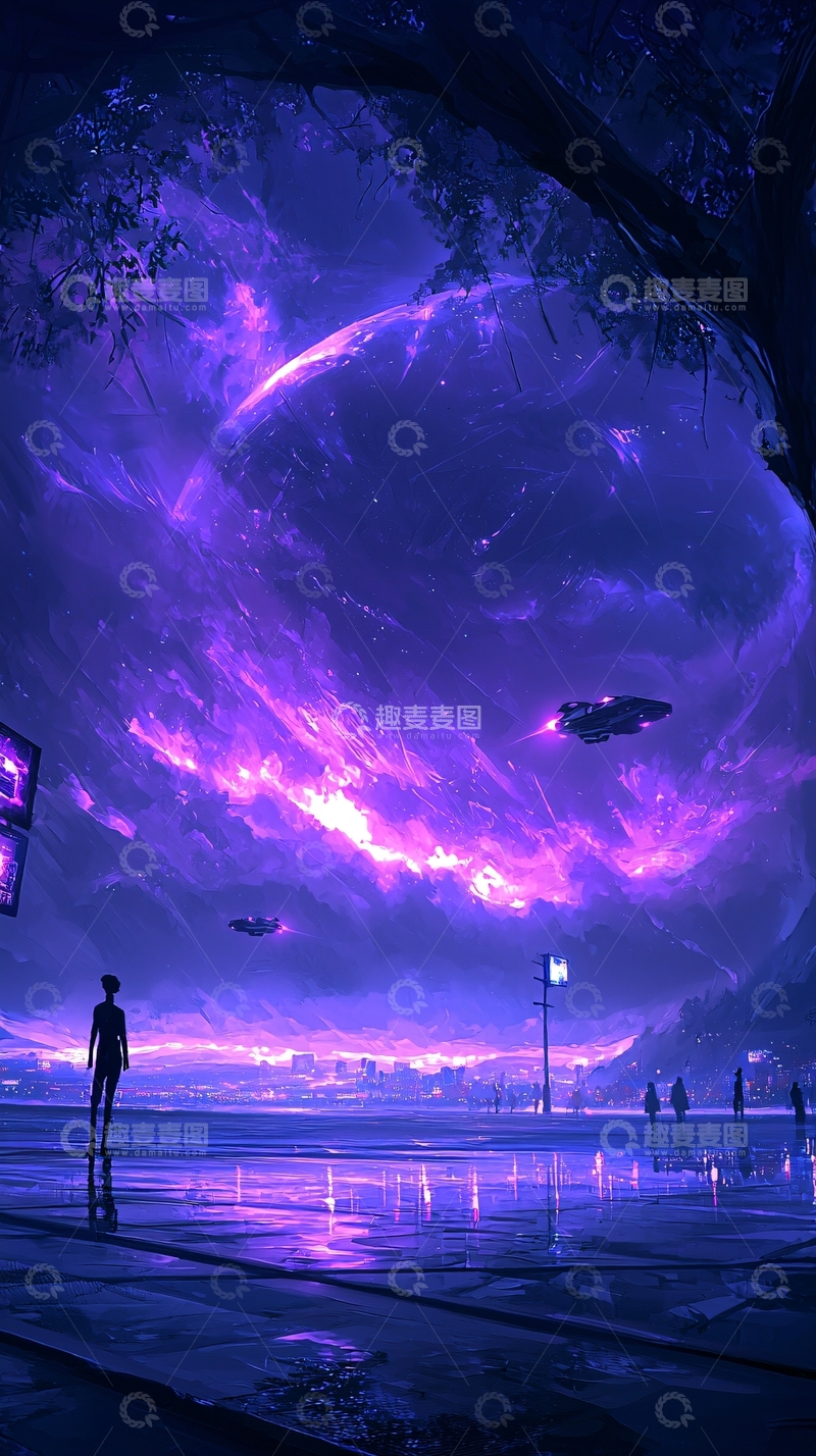 高清大图下载【趣麦麦图】紫色星空下的未来城市