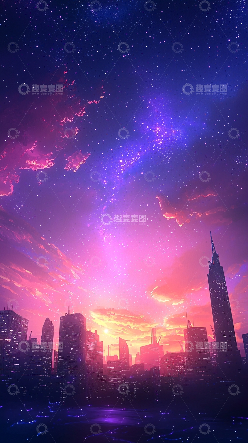 高清大图下载【趣麦麦图】梦幻星空下的未来城市夜景
