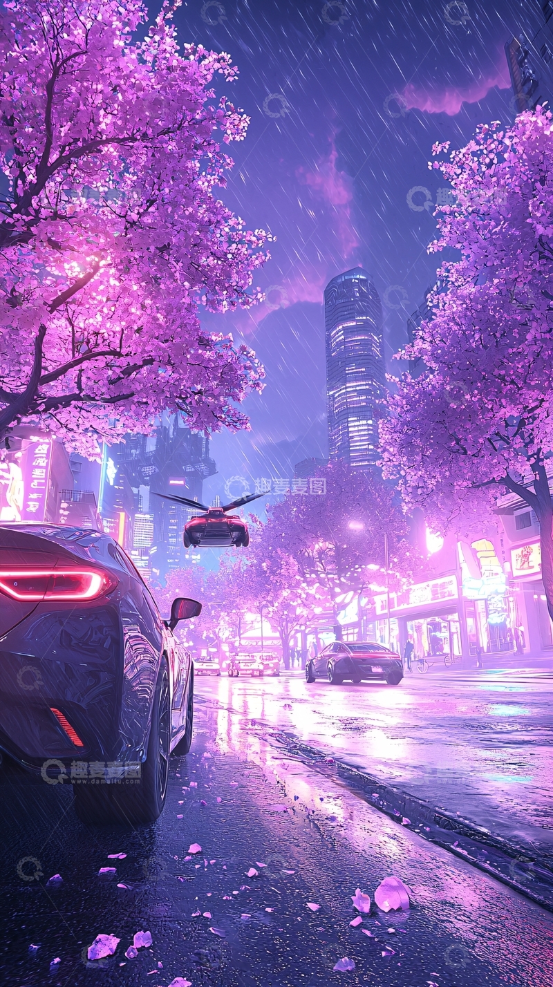 高清大图下载【趣麦麦图】未来城市雨夜樱花树