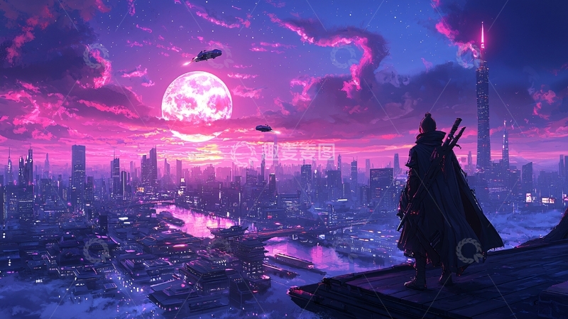 高清大图下载【趣麦麦图】未来城市夜景科幻插画