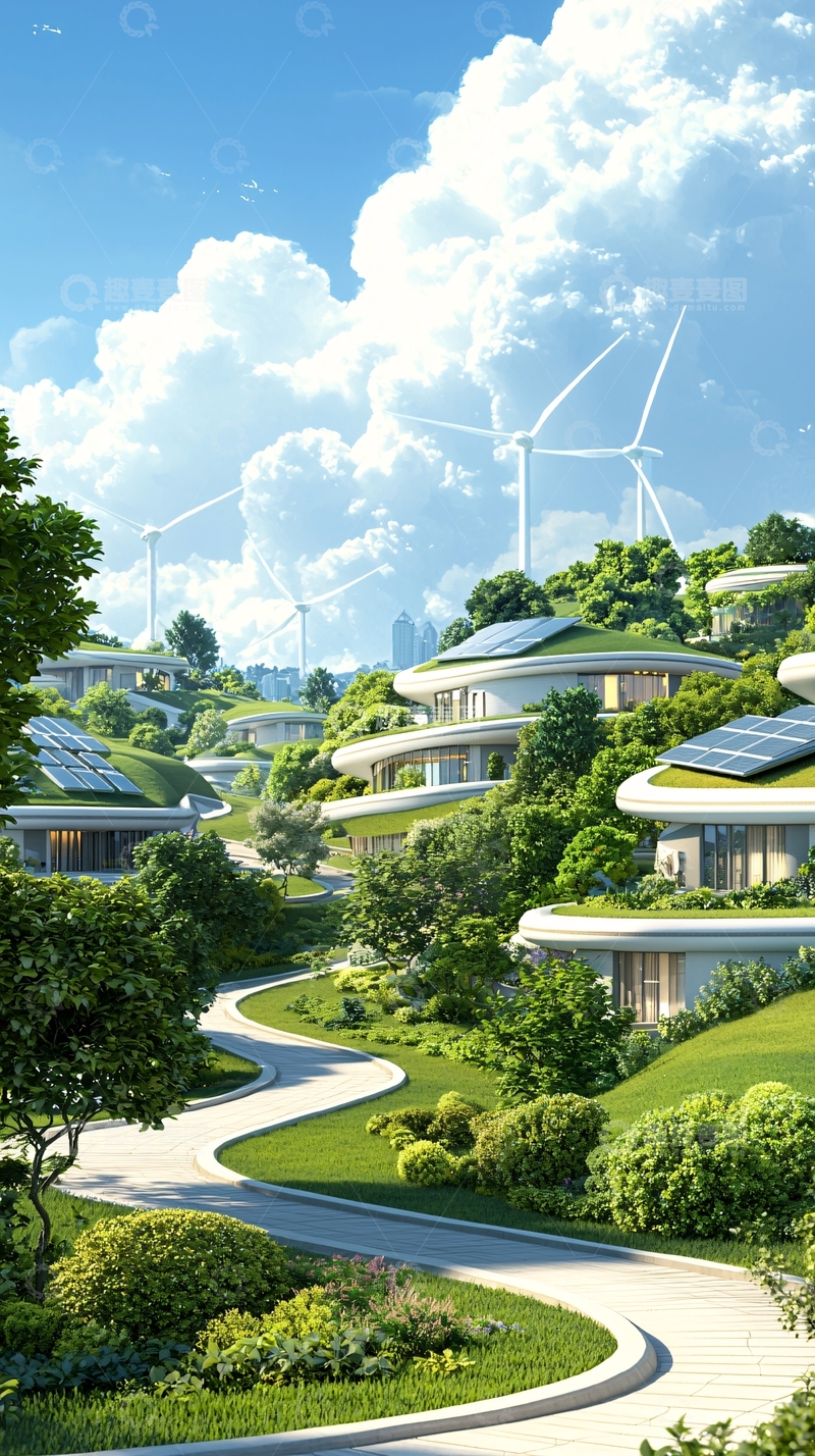 高清大图下载【趣麦麦图】绿色生态社区与风力发电
