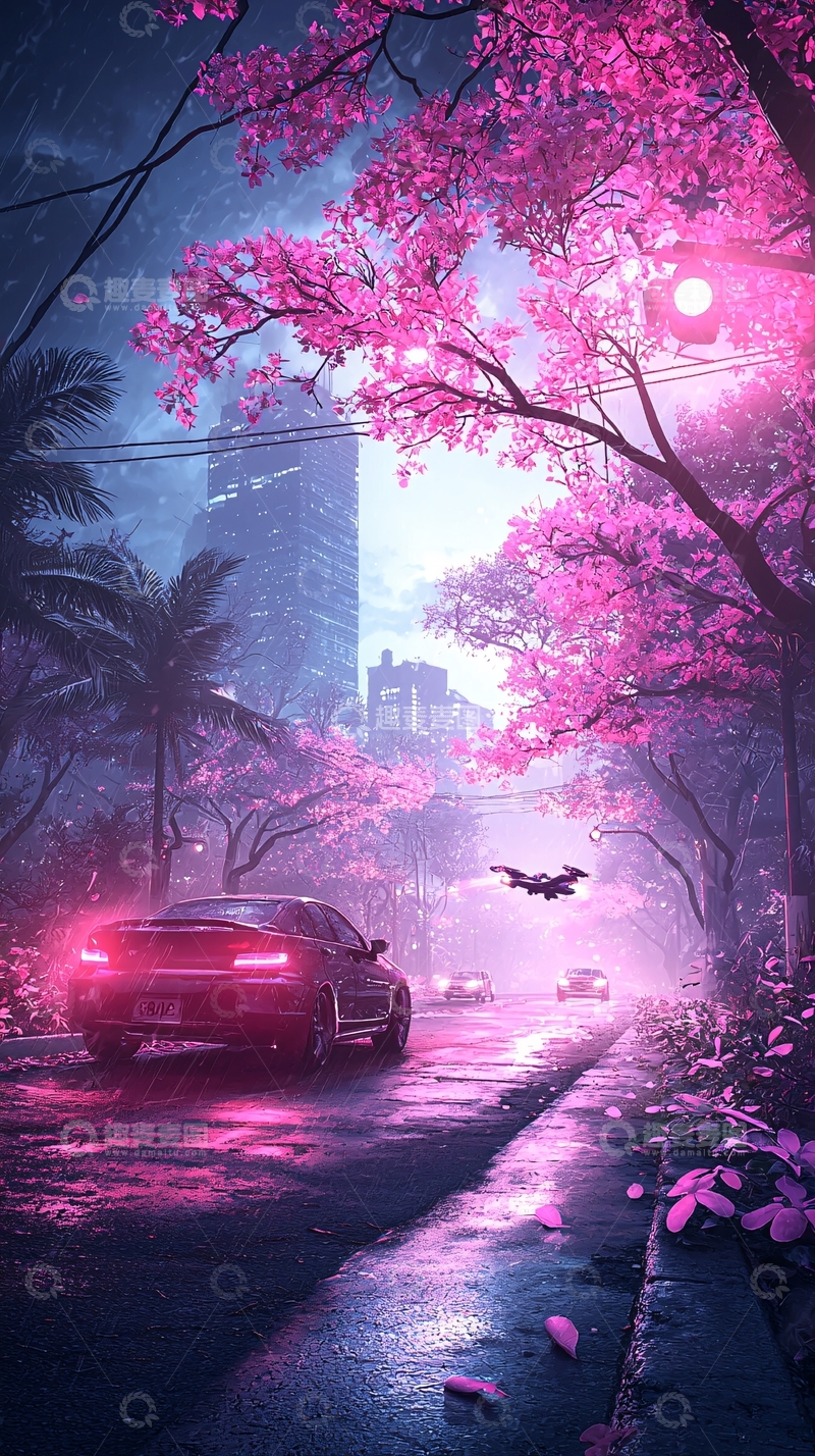 高清大图下载【趣麦麦图】霓虹雨夜樱花树下的城市街景