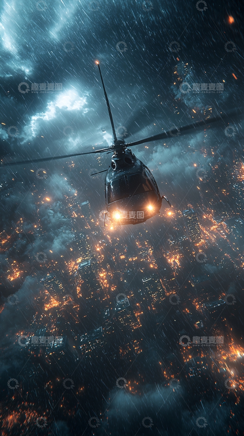 高清大图下载【趣麦麦图】夜雨中飞行的直升机