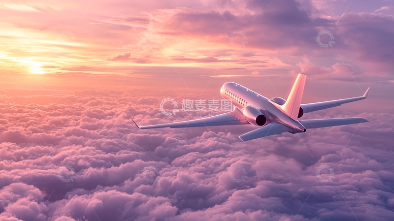 高清大图下载【趣麦麦图】夕阳云海中的飞机飞行场景
