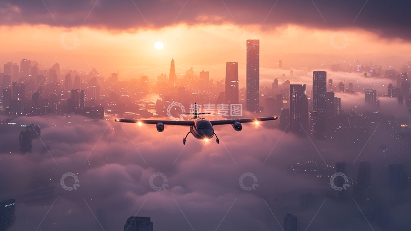 高清大图下载【趣麦麦图】云中飞行的城市日落