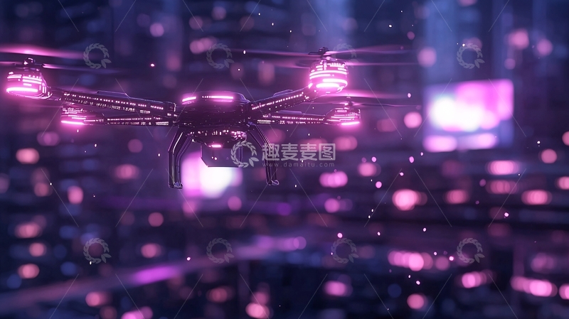 高清大图下载【趣麦麦图】未来城市夜景中的无人机