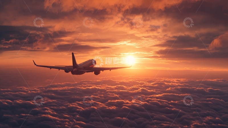 高清大图下载【趣麦麦图】夕阳下的飞机飞行场景