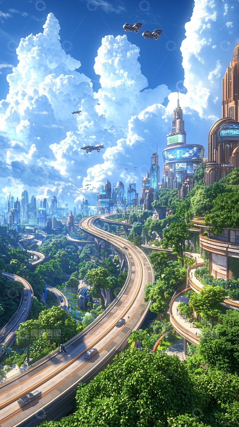 高清大图下载【趣麦麦图】未来城市空中交通与绿化结合