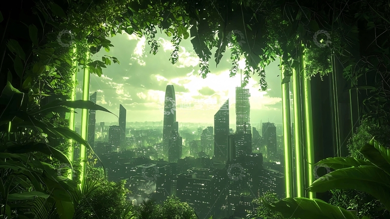 高清大图下载【趣麦麦图】未来森林中的城市景观