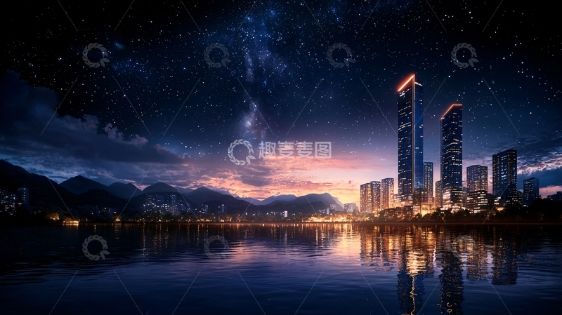 高清大图下载【趣麦麦图】夜景城市湖边高楼建筑