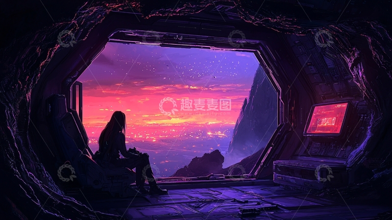 高清大图下载【趣麦麦图】科幻飞船中的夕阳美景