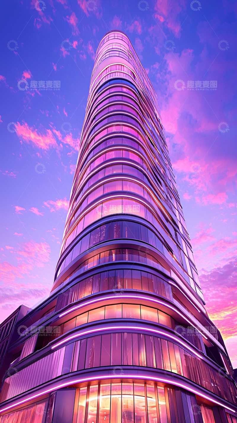 高清大图下载【趣麦麦图】现代弧形玻璃建筑夜景