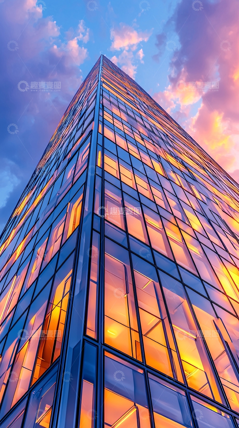 高清大图下载【趣麦麦图】夕阳下的玻璃幕墙高楼