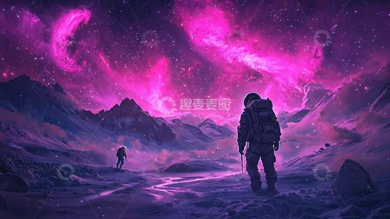 高清大图下载【趣麦麦图】紫色星空下的徒步探险者