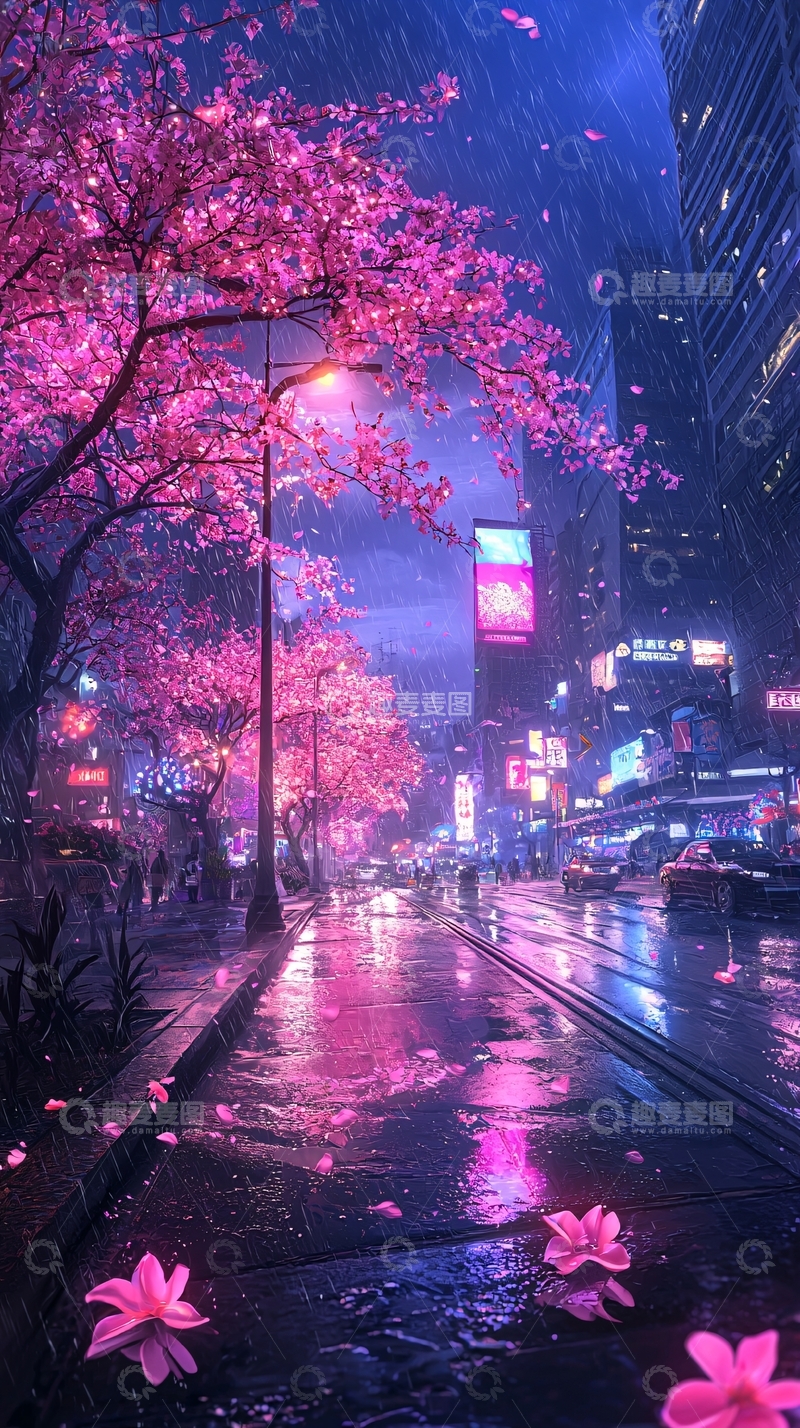 高清大图下载【趣麦麦图】樱花雨夜霓虹城市街景