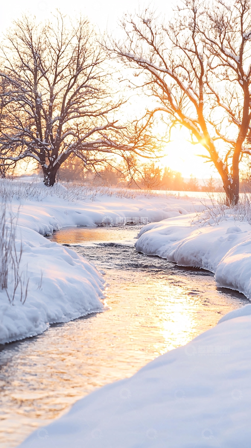 高清大图下载【趣麦麦图】冬日雪景小溪夕阳
