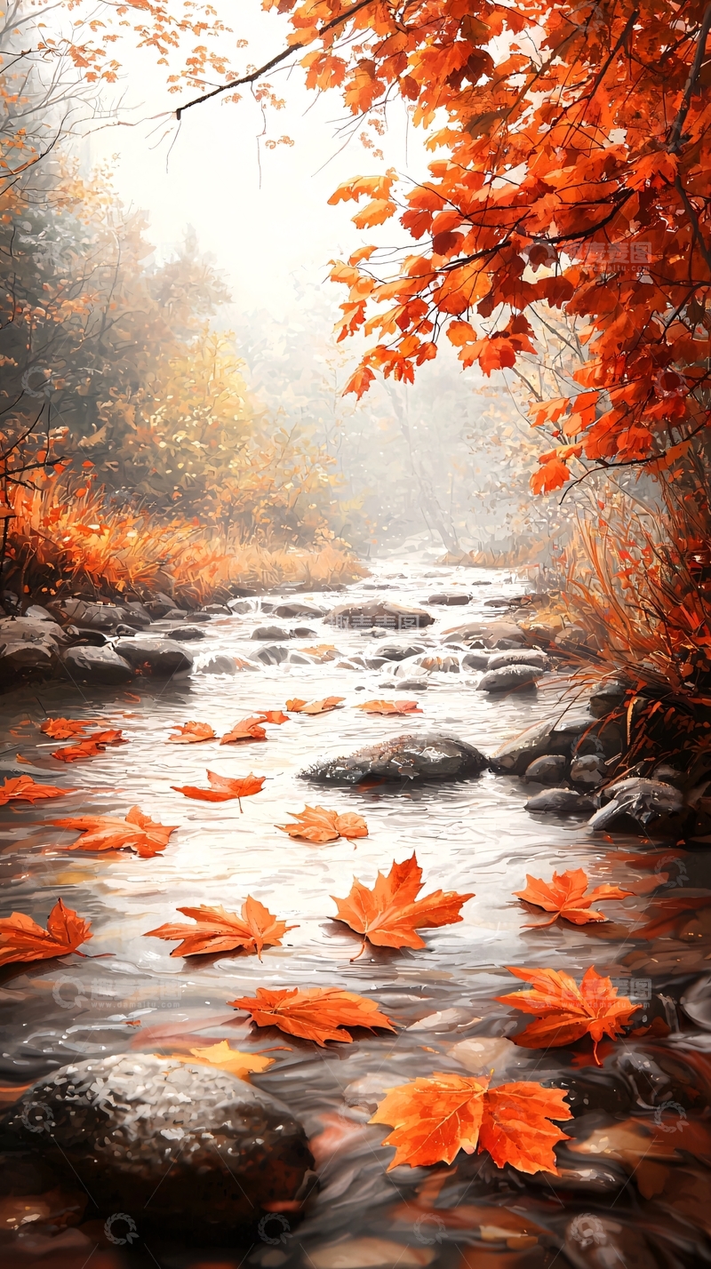 高清大图下载【趣麦麦图】秋日小溪落叶风景
