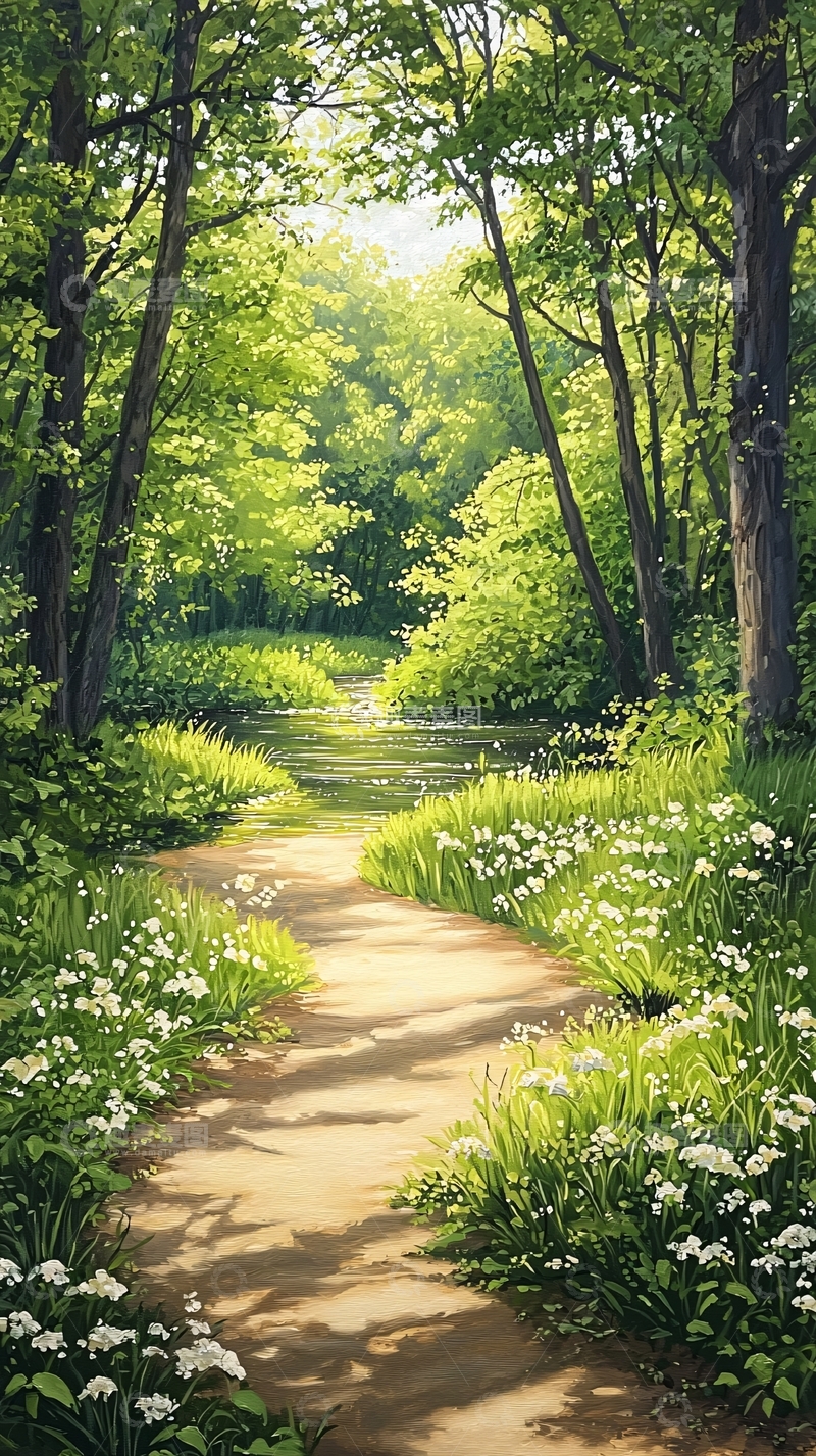 高清大图下载【趣麦麦图】森林小径上的阳光与绿意