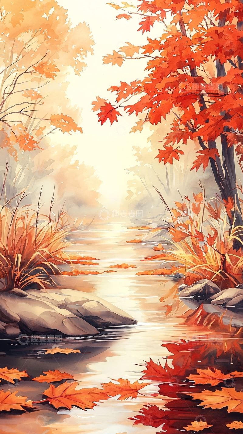 高清大图下载【趣麦麦图】秋日小溪落叶风景