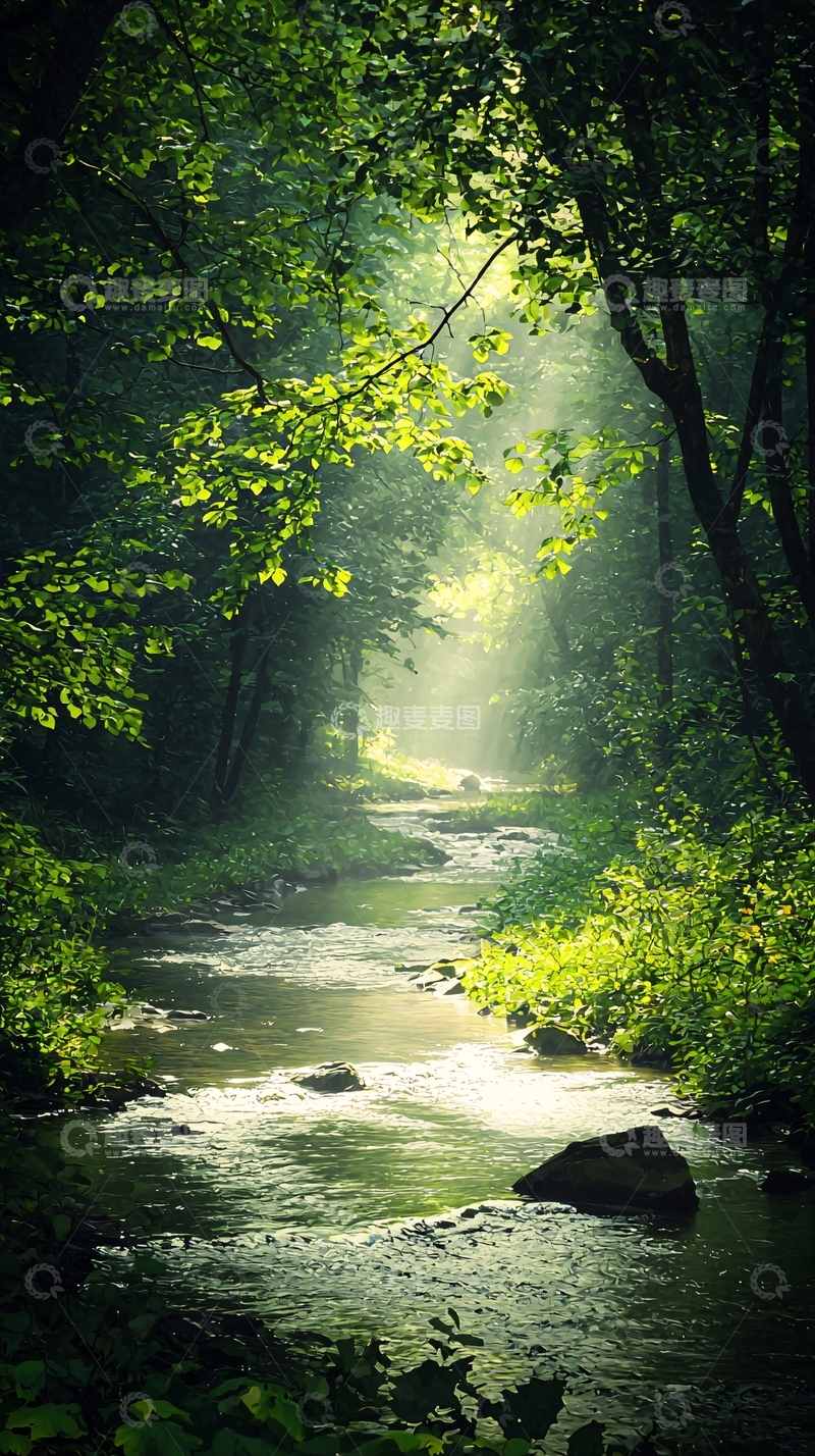 高清大图下载【趣麦麦图】森林中的小溪阳光穿透