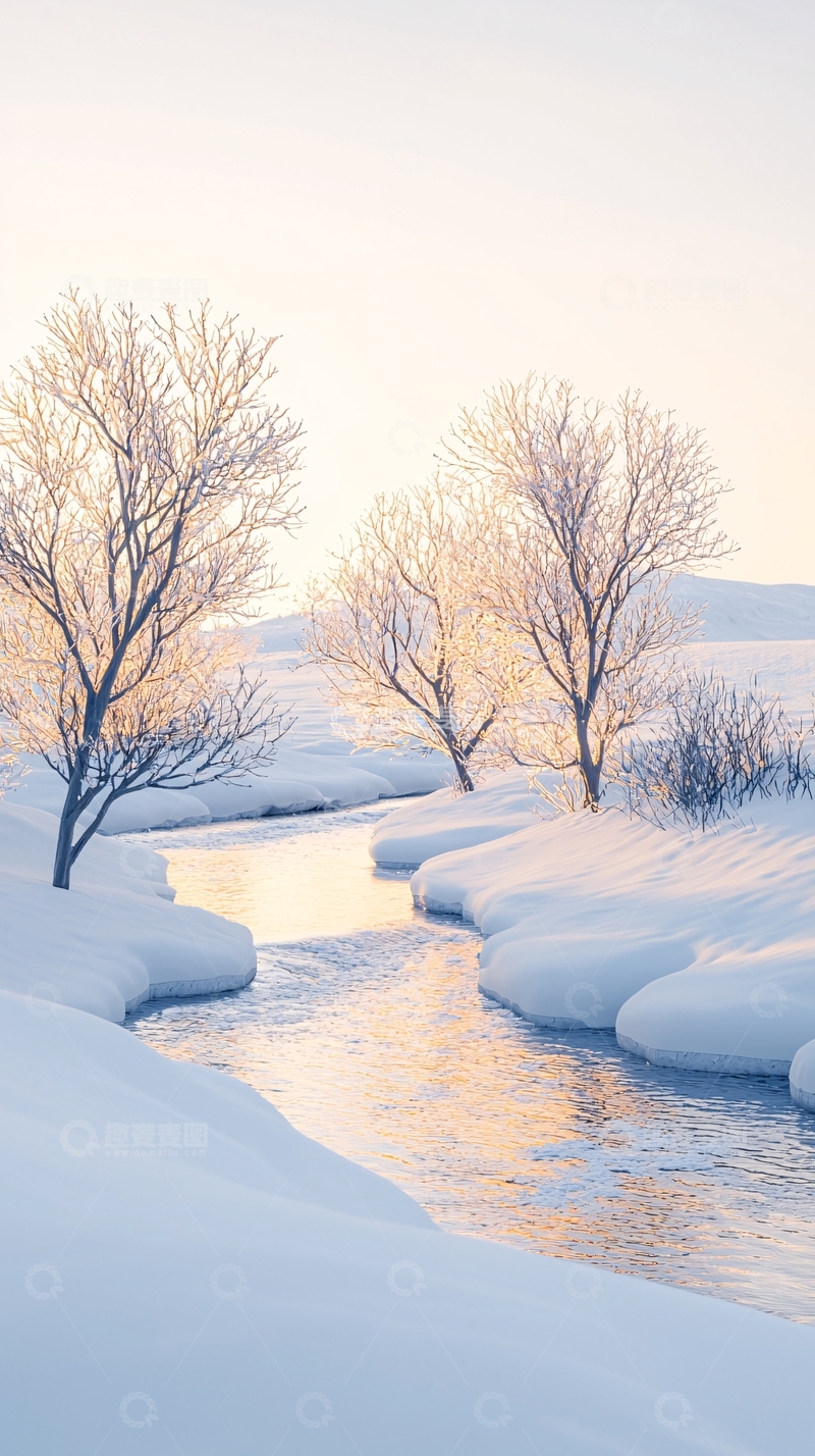 高清大图下载【趣麦麦图】冬日雪景小溪潺潺