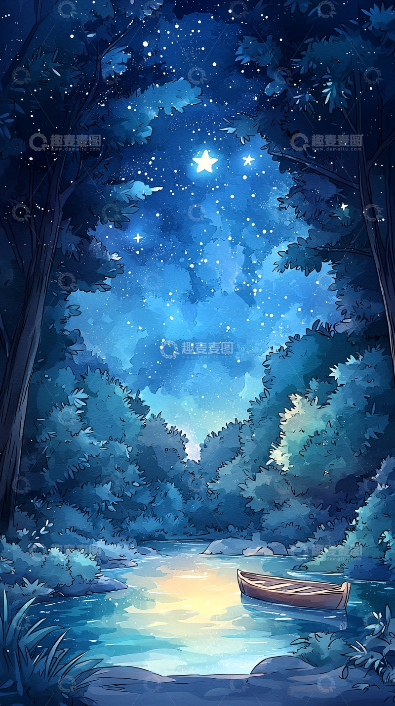 高清大图下载【趣麦麦图】夜色森林中的小船