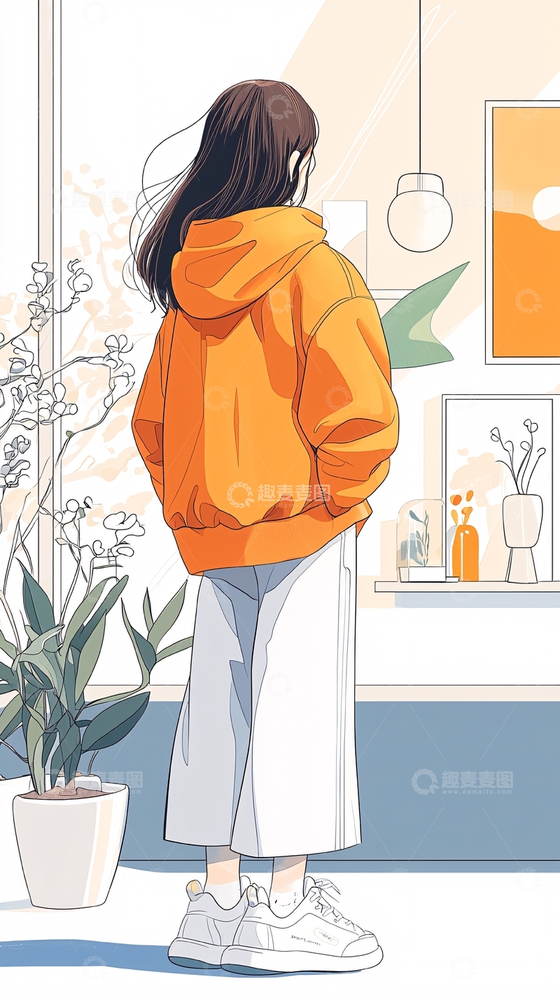 高清大图下载【趣麦麦图】橙色连帽衫女孩室内场景