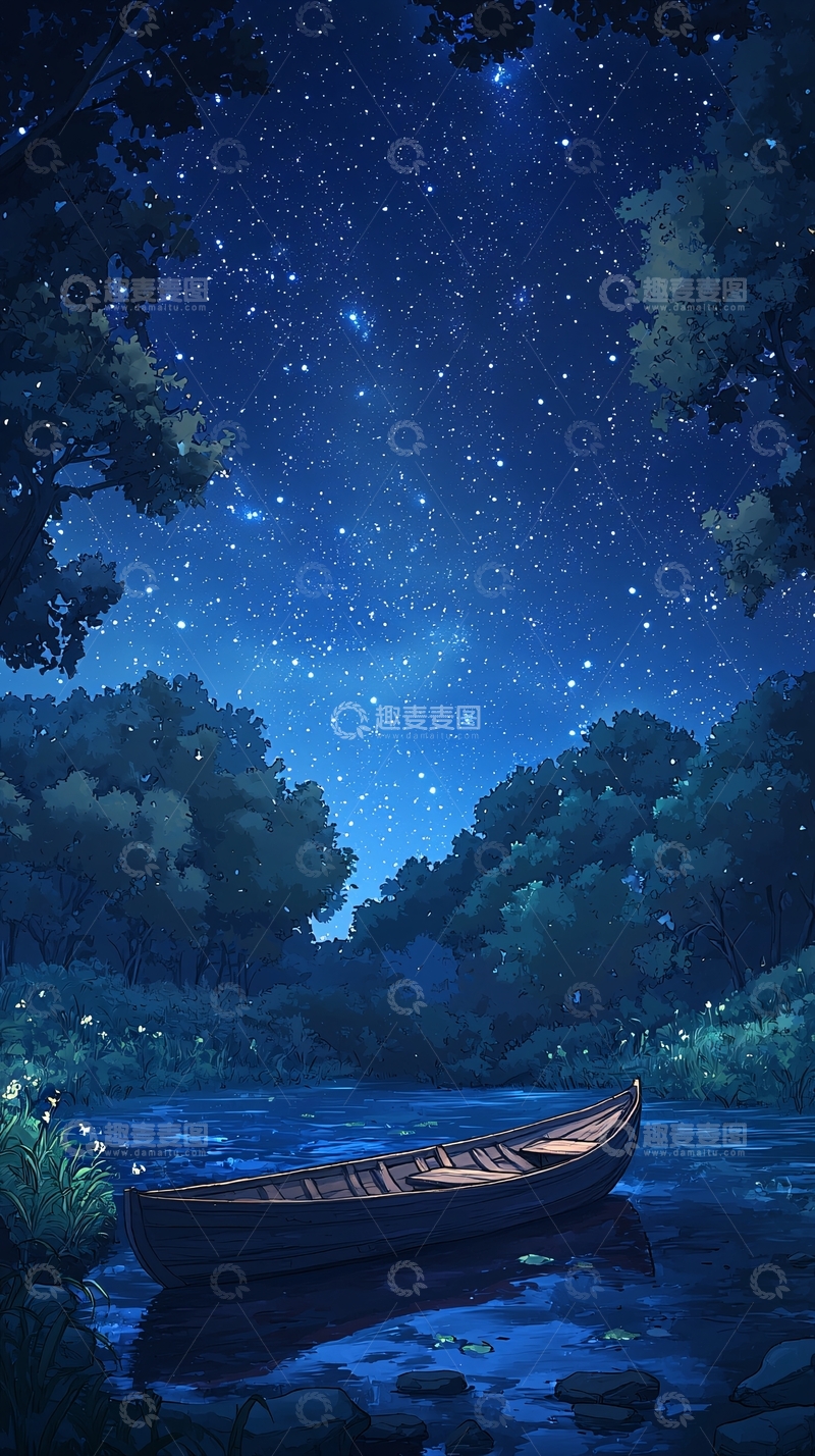 高清大图下载【趣麦麦图】夜景下的小船与星空
