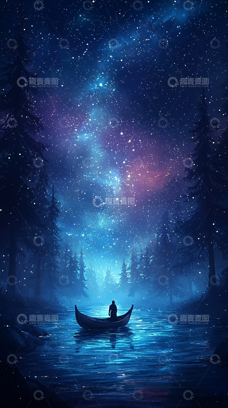 高清大图下载【趣麦麦图】夜色森林中的独木舟
