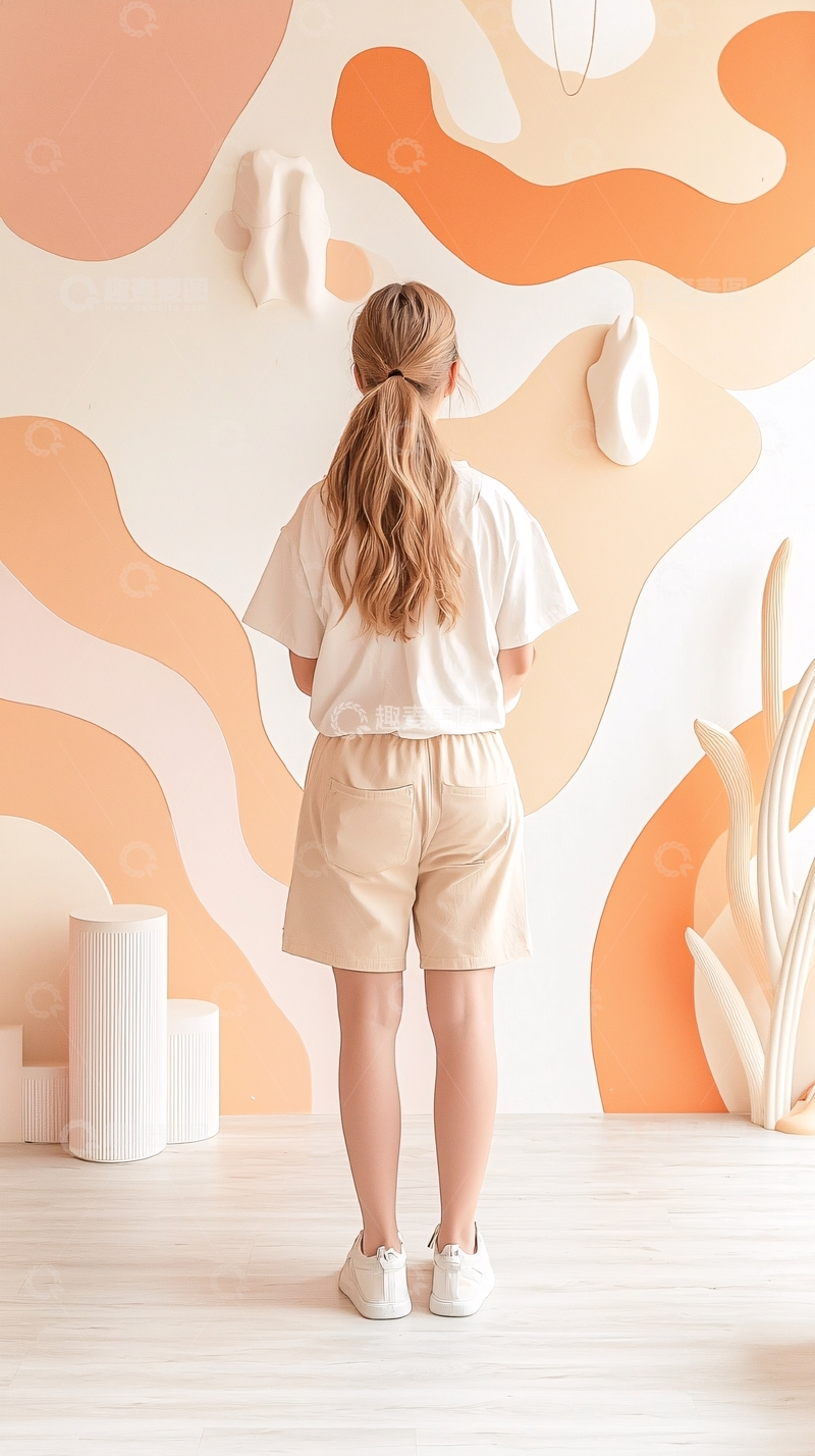 高清大图下载【趣麦麦图】女孩背影与抽象艺术墙