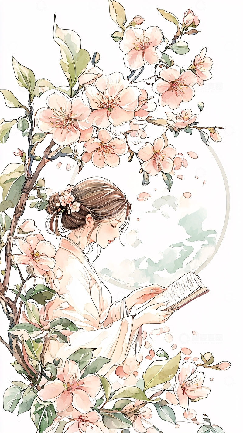 高清大图下载【趣麦麦图】桃花盛开下的读书少女