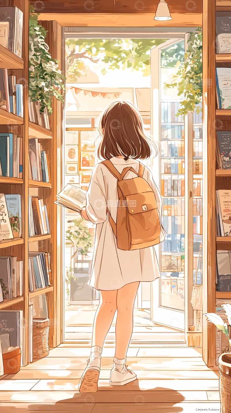 高清大图下载【趣麦麦图】阳光下的书店女孩