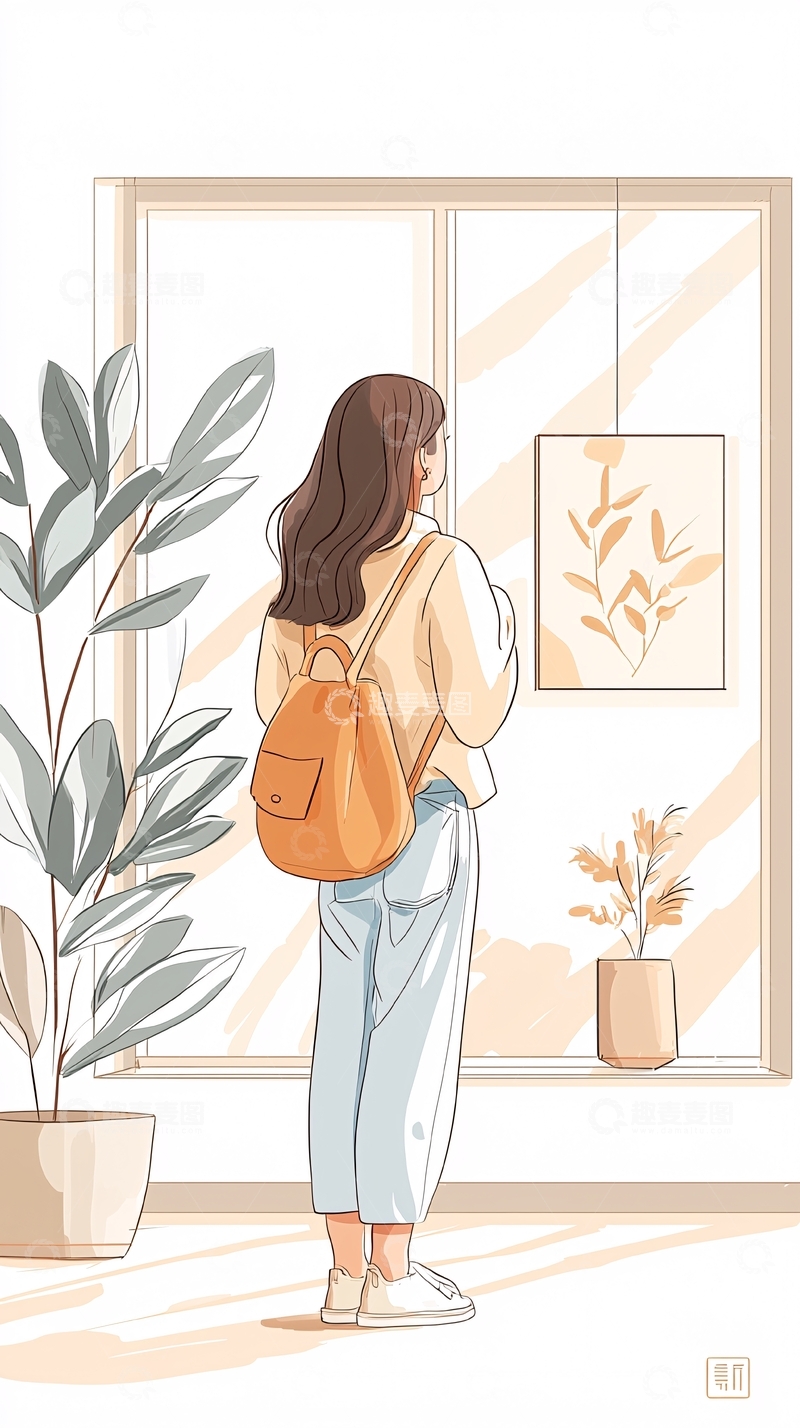 高清大图下载【趣麦麦图】背书包的女孩窗边