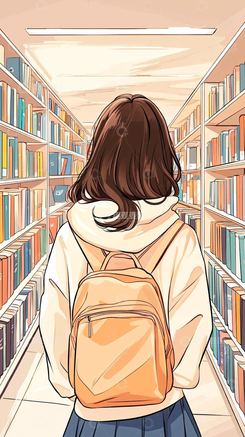 高清大图下载【趣麦麦图】图书馆里的背影女孩