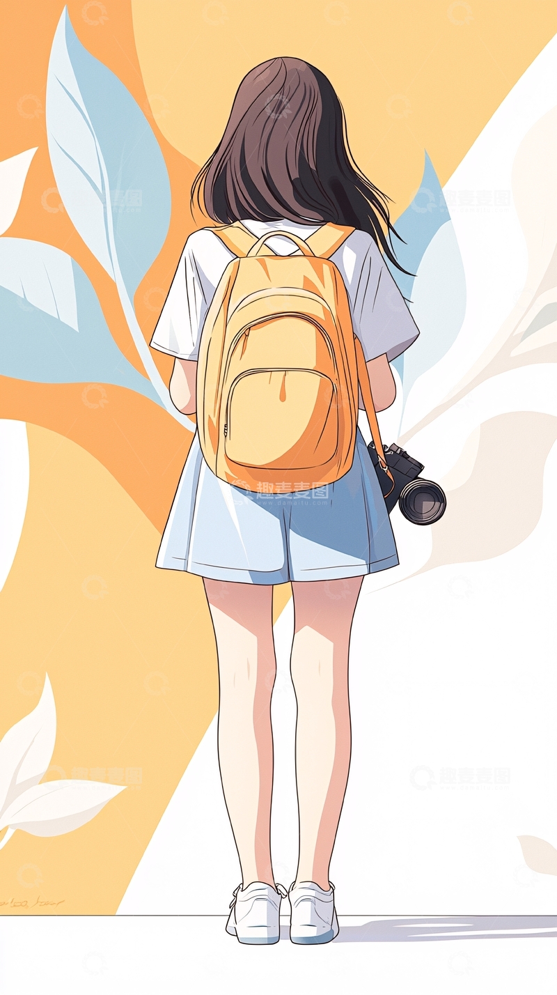高清大图下载【趣麦麦图】背着背包的女孩插画