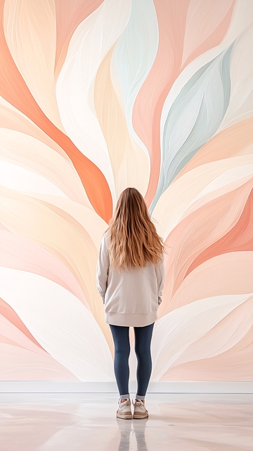 抽象艺术墙面前的背影女孩