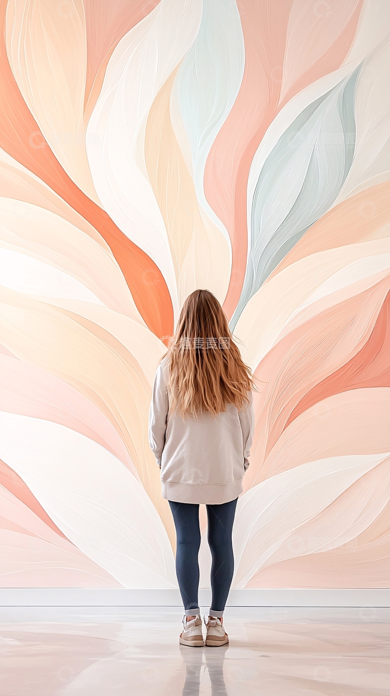 高清大图下载【趣麦麦图】抽象艺术墙面前的背影女孩