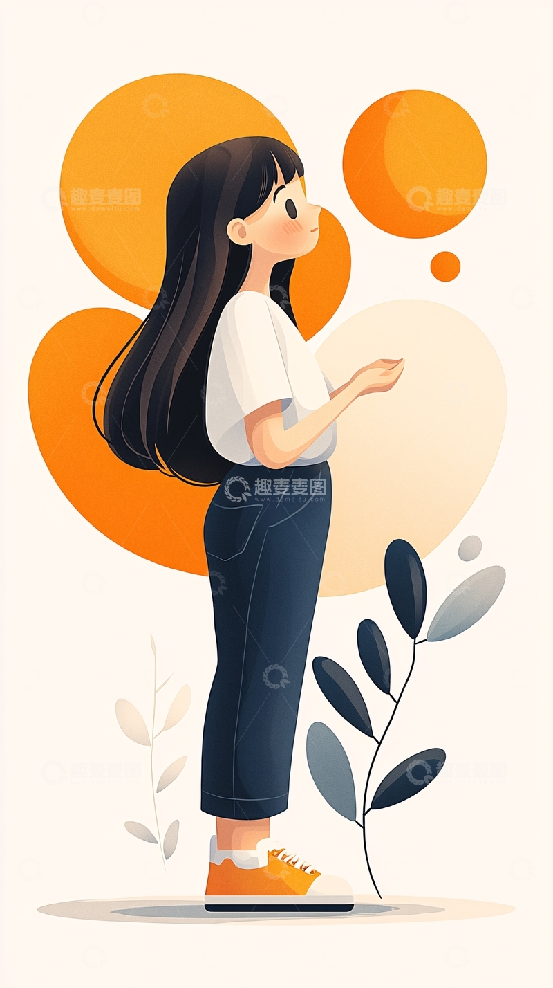高清大图下载【趣麦麦图】橙色背景下的女孩插画