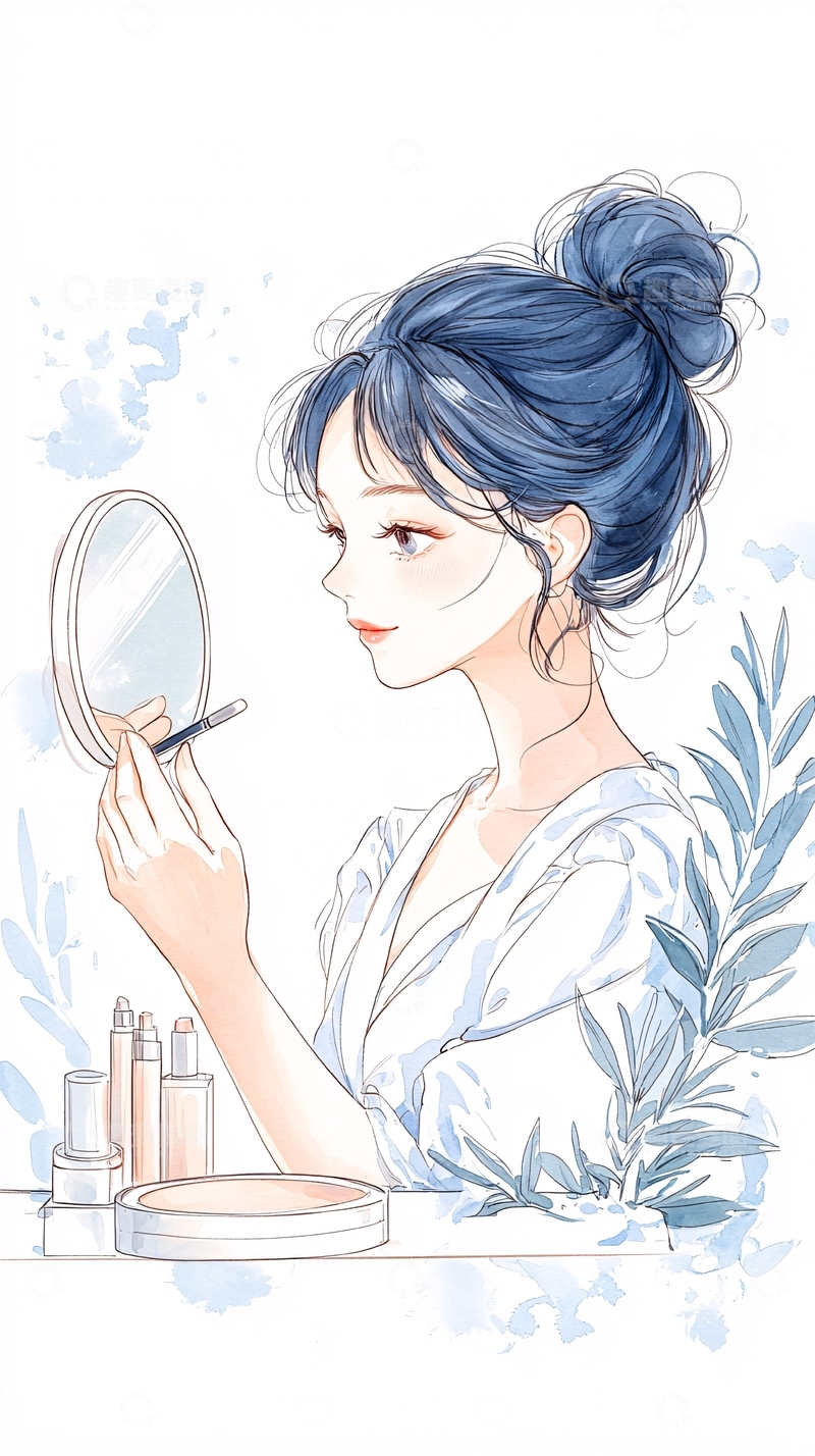 高清大图下载【趣麦麦图】蓝色头发女孩化妆插画
