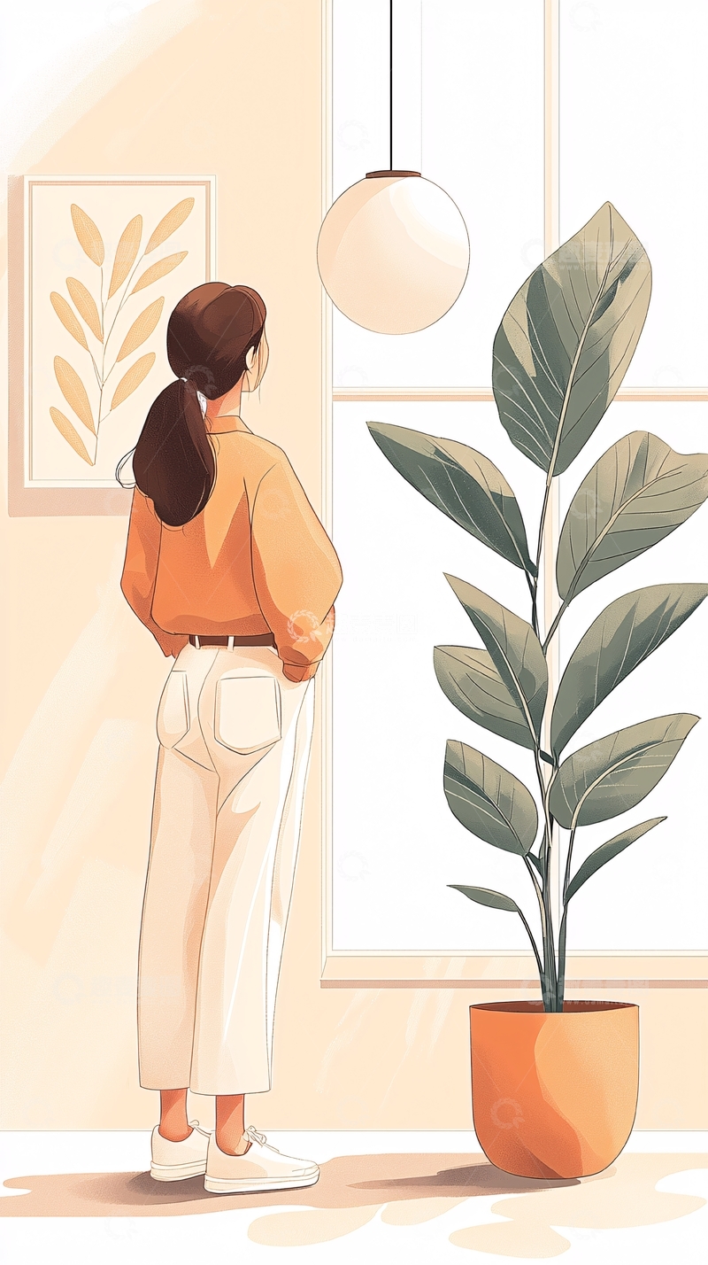 高清大图下载【趣麦麦图】室内植物与女孩的温馨场景