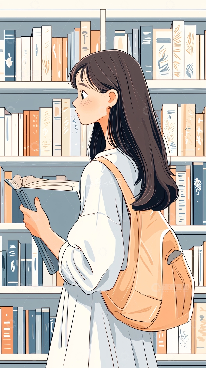 高清大图下载【趣麦麦图】图书馆里的女孩与书