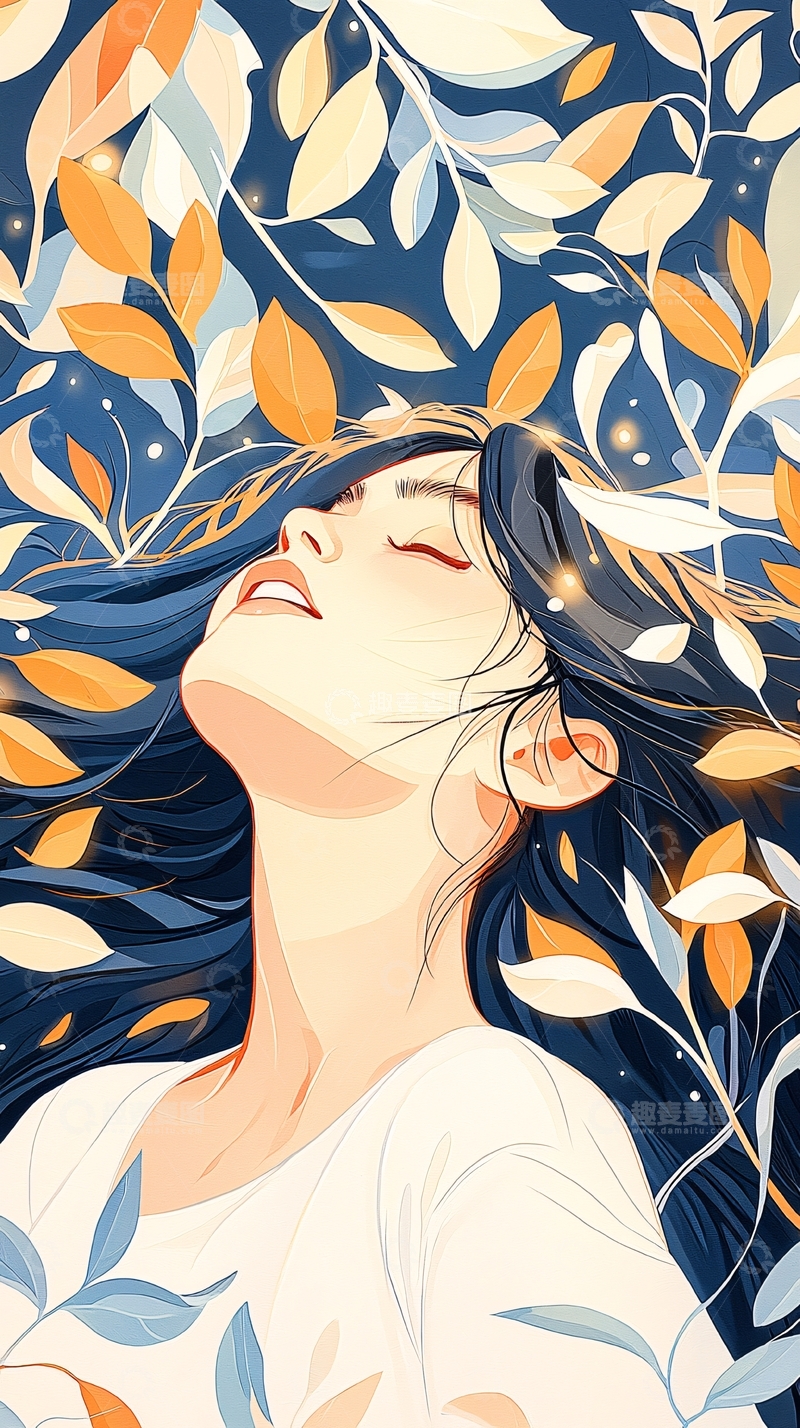 高清大图下载【趣麦麦图】秋日落叶与少女