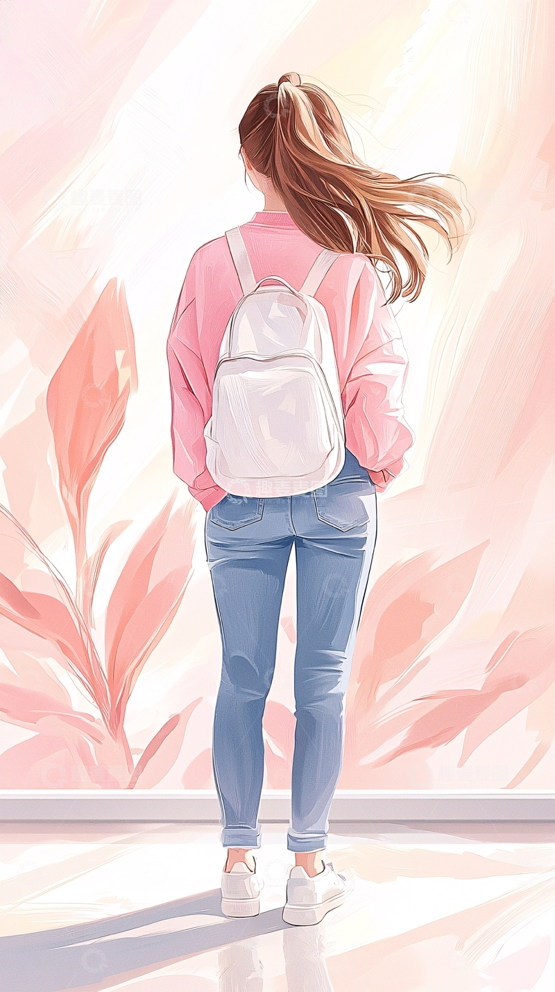 高清大图下载【趣麦麦图】粉色背景下的背影女孩