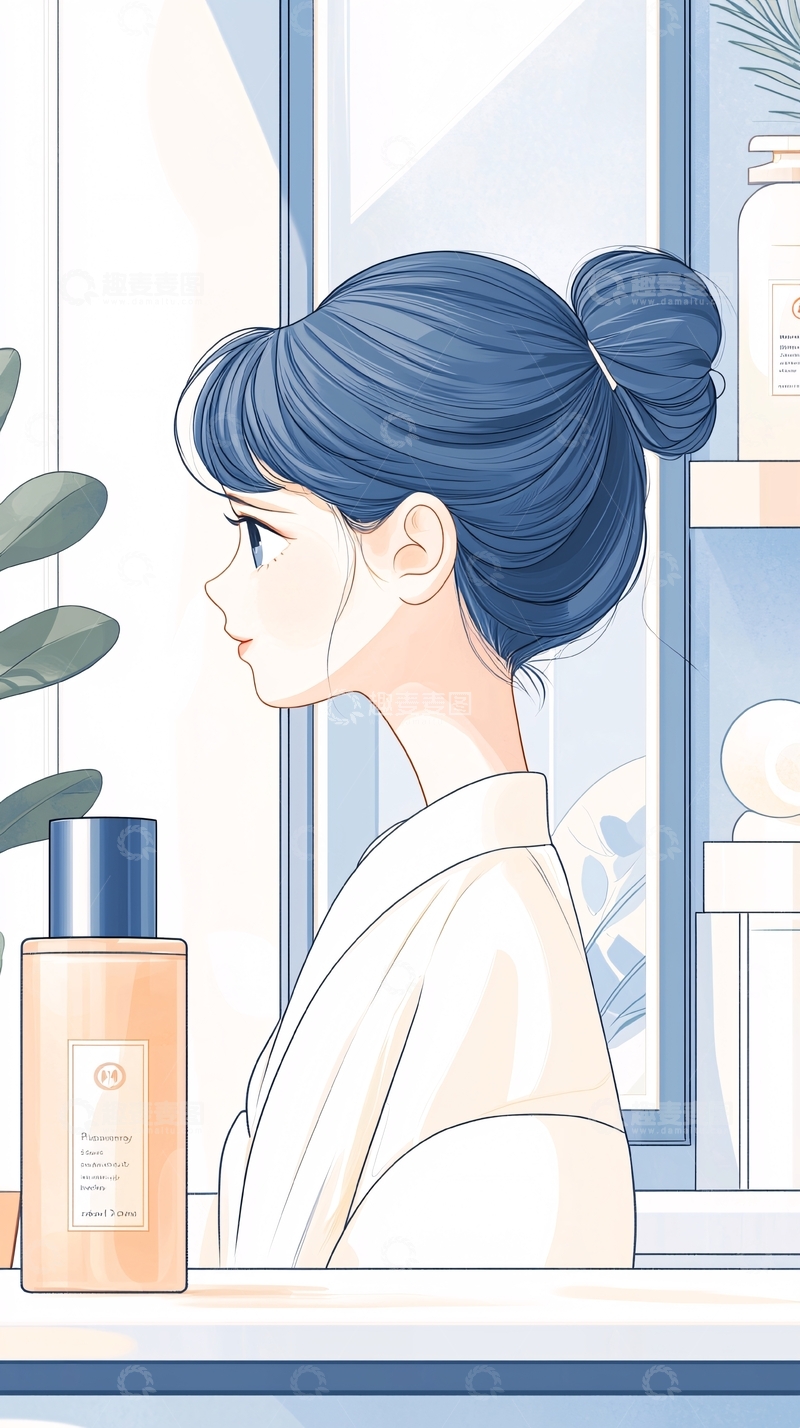 高清大图下载【趣麦麦图】蓝色头发女孩在化妆台前