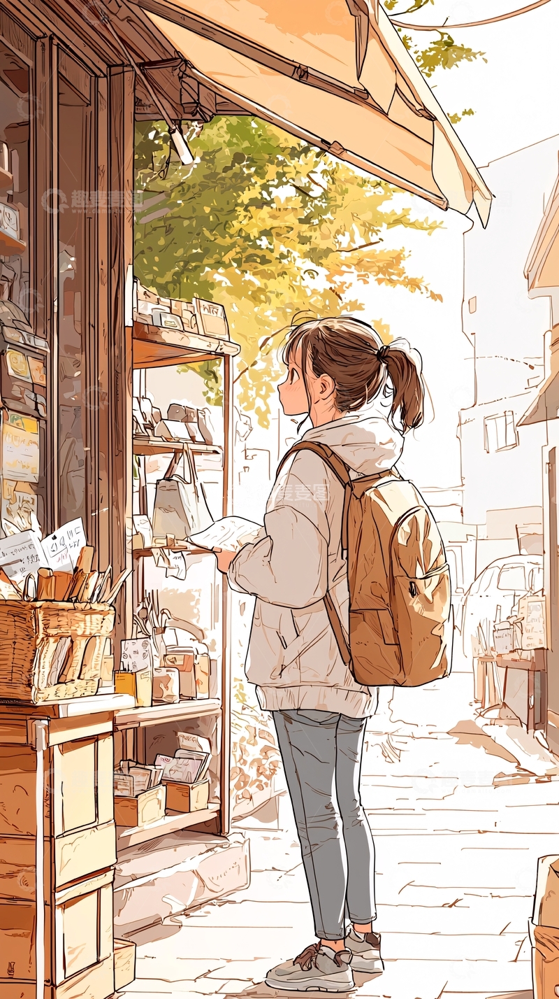 高清大图下载【趣麦麦图】秋日街边小铺的少女
